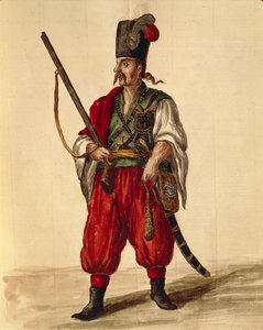 Karabineruniform, af Jan van Grevenbroeck eller Giovanni Grevembroch (1731-1807), Gli Donne de Veneziani, fra illustreret kostumebog, akvarel af Jan van Grevenbroeck