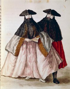 Karnevalsfigurer i Venedig, illustration fra Illustreret bog med venetianske kostumer, af Jan Grevenbroeck (1731-1807), akvarel, Italien