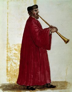 Fløjtespiller Akvareltegning og blæk fra manuskriptet "Venitianernes skikke"" af Jan van Grevenbroek (eller Giovanni Grevenbroich (Grevenbroich) (1731-1807) af Jan van Grevenbroeck