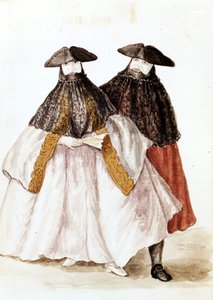 Masker af karneval i Venedig. Akvareltegning og blæk fra manuskriptet "Venitianernes skikke"" af Jan van Grevenbroek (dr. Giovanni Grevenbroich (Grevenbroich) (1731-1807)