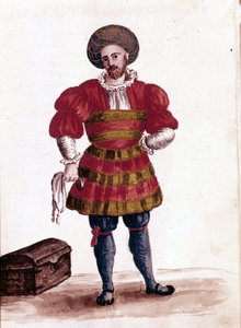 Købmand af Venedig i det 15. århundrede. Akvareltegning og blæk fra manuskriptet "Venitianernes skikke"" af Jan van Grevenbroeck (eller Giovanni Grevembroch (Grevenbroch) (1731-1807)
