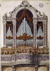Forældreløse sang, orgel for koret i kirken Ospedale della Pieta, Venedig (Kor af forældreløse børn) Akvareltegning og blæk fra manuskriptet "Venitianernes skikke"" af Jan van Grevenbroeck (eller Giovanni Grevembroch (Grevenbroch) (1731-) 1807) af Jan van Grevenbroeck