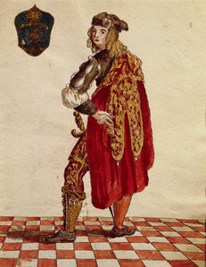 Dragt af ridder af Confraternity de la Calza (Stocking) i 1564, af Jan van Grevenbroeck eller Giovanni Grevembroch (1731-1807), Gli Abiti de Veneziani, fra illustreret bog med kostumer, akvarel af Jan van Grevenbroeck