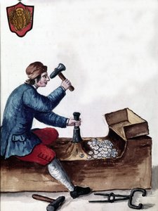 Fremstilling af mønter i Republikken Venedig: prægestadie. Akvareltegning og blæk fra manuskriptet "Venitianernes skikke"" af Jan van Grevenbroeck (eller Giovanni Grevembroch (Grevenbroch) (1731-1807) af Jan van Grevenbroeck