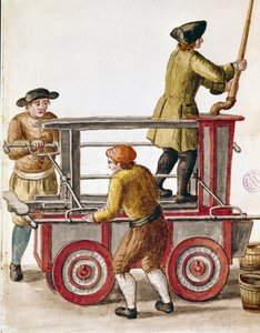 Brug af vandpumpe eller hydraulisk pumpe Akvareltegning og blæk fra et manuskript af Jan van Grevenbroeck (eller Giovanni Grevembroch (Grevenbroch) (1731-1807) af Jan van Grevenbroeck