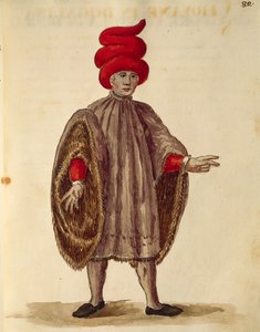 Ung mand iført "Dogalina", formel kappe med brede ærmer, af Jan van Grevenbroeck eller Giovanni Grevembroch (1731-1807), Gli Abiti de Veneziani, fra illustreret bog med kostumer, akvarel af Jan van Grevenbroeck