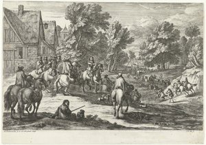 Udsigt over en landsby med ryttere i forgrunden af Jan van Huchtenburg