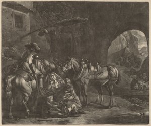 Mor med to børn og en hest foran en kro af Jan van Huchtenburgh