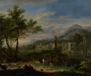 Arkadisk landskab med fiskere af Jan van Huysum