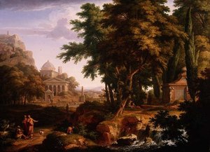 Arkadisk landskab med Skt. Peter og Skt. Johannes, der helbreder den forkrøblede mand, 1724-25 (par til 68871) af Jan van Huysum