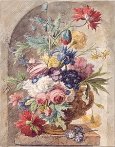Hollandsk: Blomsterstilleben i en vase med øre på en piedestal i en niche Blomsterstilleben af Jan van Huysum