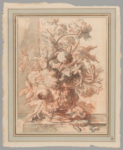 Blomster i en urne dekoreret med putti, på en sokkel af Jan van Huysum