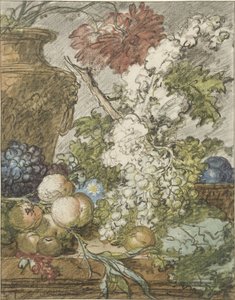 Skitse til et stilleben med frugt og blomster Skitse til et frugt- og blomsterarrangement af Jan van Huysum