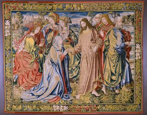 flamsk gobelin. Serien Heaven of Charles V. Christ siger farvel til sin mor (Despedida de Cristo/Christ siger farvel til sin mor). Tegneren Jan van Coninxloo. Fremstilling af Julien Portois, Mechelen (Malines). omkring 1521. af Jan van II Coninxloo