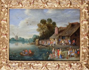 Et flodlandskab med adel på en landsbykro af Jan van Kessel