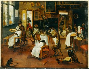 A Singerie: Monkey Barbers, der serverer katte