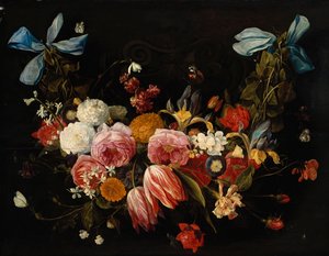 En swag af roser, tulipaner, dahliaer og andre blomster