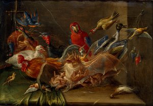 Dekorativ stillebenskomposition med fugle og to flagermus, midten af 1600-tallet af Jan van Kessel