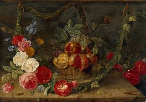 Dekorativ Stilleben-sammensætning med en frugtkurv, midten af det 17. århundrede af Jan van Kessel