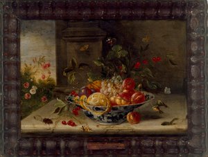 Dekorativ stillebenskomposition med porcelænsskål, frugt og insekter, midten af 1600-tallet af Jan van Kessel