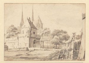 Udsigt over Bergpoort og Bergkerk i Deventer af Jan van Kessel
