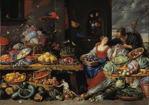 Frugt- og grøntmarked med en ung frugtsælger af Jan van Kessel d.Æ.