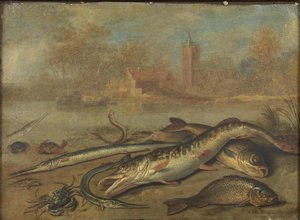 Fisk og landskab af Jan van Kessel the Elder