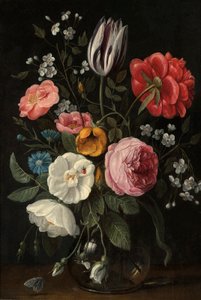 Roser, en tulipan, en pæon, en kirsebærblomst og en centaurium i en glasvase på en afsats af Jan van Kessel the Elder