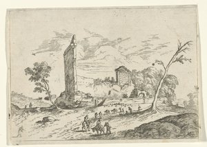 Landskab med romerske ruiner og æselhyrder af Jan van Ossenbeeck (attributed to)