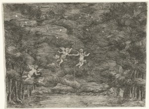 Sceneindretning med engle på nattehimlen af Jan van Ossenbeeck