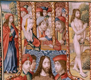 flamsk gobelin. Serie episoder fra The Life of the Virgin. Profetierne bliver opfyldt ved Kristi fødsel (Opfyldelse af profetierne ved Guds Søns fødsel). Første gobelin i serien. Modeller tilskrevet Jan von Roome (eller van B