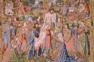 flamsk gobelin. Serien The passion of Christ: Descent from the cross (Kruisafneming, Descendimiento de la cruz). Fremstilling Pieter van Aelst. Tegneren Jan van Roome. Ca 1507-1520. Detalje.