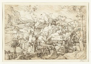 Landskab med sten, figurer og et sejlskib af Jan van Scorel (attributed to)