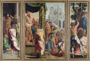 Prædiken, arrestation og martyrdom af den hellige Jakob den Store, fra polyptykken af Sankt Stefan og Jakob den Store, ca. 1541