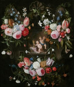 Et kartouche-stilleben af blomster omkring et allegorisk billede af Putti med dyre genstande og en maske, 1648