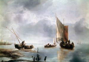 Et lille fartøj i let luft, og et andet i land, ca 1650-1660, af Jan van de Cappelle (1624-ca 1679), olie på lærred, 34, 8x48