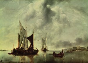 Rolig eller, både nær kysten, efter 1651 (olie på lærred)