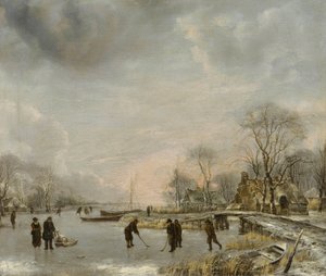 ""Vinterlandskab med golfspillere på isen"" (Vinterlandskab med Kolf-spillere) Maleri af Jan van de Cappelle (1626-1679)