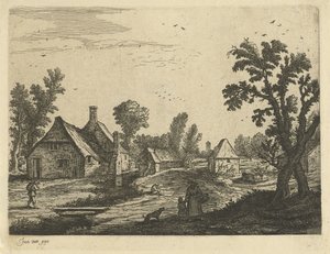 Landsbyudsigt med kvinde og barn i landsbygaden af Jan van de Cappelle (attributed to)