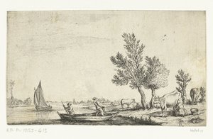 Flodlandskab med to mænd i en robåd af Jan van de Cappelle (attributed to)
