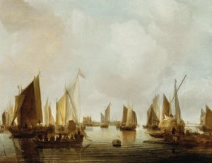 Hollandsk: Skibe i en flodmunding En havn