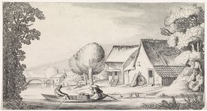 Bonde og bondekone i en robåd Playsante landskaber og sjove ansigter (serietitel) af Jan van de Velde (II)