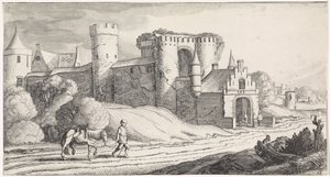 Bonde med hest på en vej forbi et slot Playsante landskaber og sjove ansigter (serietitel) af Jan van de Velde (II)