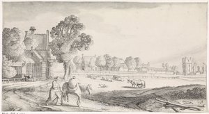 Bonde med pakkehest på en landevej Playsante landskaber og sjove ansigter (serietitel) af Jan van de Velde (II)