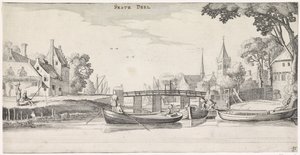 Både ved en anløbsbro i en landsby Playsante landskaber og underholdende seværdigheder (serietitel) af Jan van de Velde (II)