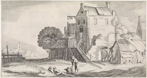 Tre samtalende skikkelser på en kro Behagelige landskaber og underholdende seværdigheder (serietitel) af Jan van de Velde (II)