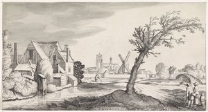 Familie i et hus med en by i baggrunden Playsante landskaber og underholdende seværdigheder (serietitel) af Jan van de Velde (II)