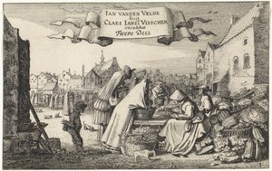 Figurer ved en grøntsagsbod på et marked Landskaber (serietitel) Amenissimae aliquot requculae (serietitel) af Jan van de Velde (II)