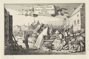 Figurer ved en grøntsagsbod på et marked Landskaber (serietitel) Amenissimae aliquot requculae (serietitel) af Jan van de Velde (II)