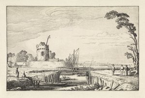 Figurer ved en havn og et tårn Landskaber (serietitel) Amenissimae aliquot requculae (serietitel) af Jan van de Velde (II)
